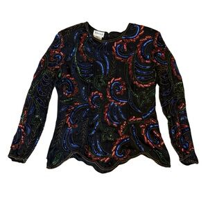 Silk Sequin Embellished Long Sleeve Scalloped Blouse Sequin Vintage Beaded Top